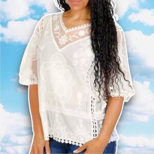 ANTHRO SAPPHIRE Semi-Sheer Embroidered Lace Boho Top Cottagecore Coquette Hippie